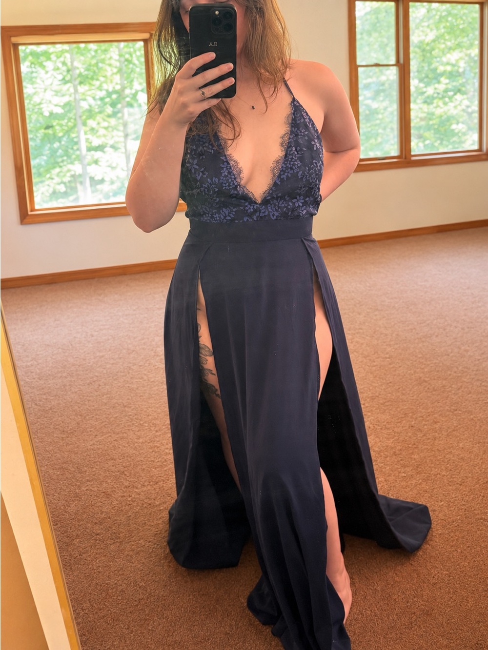 Fashion Nova Navy Lace Halter Maxi Dress with Double Slits
